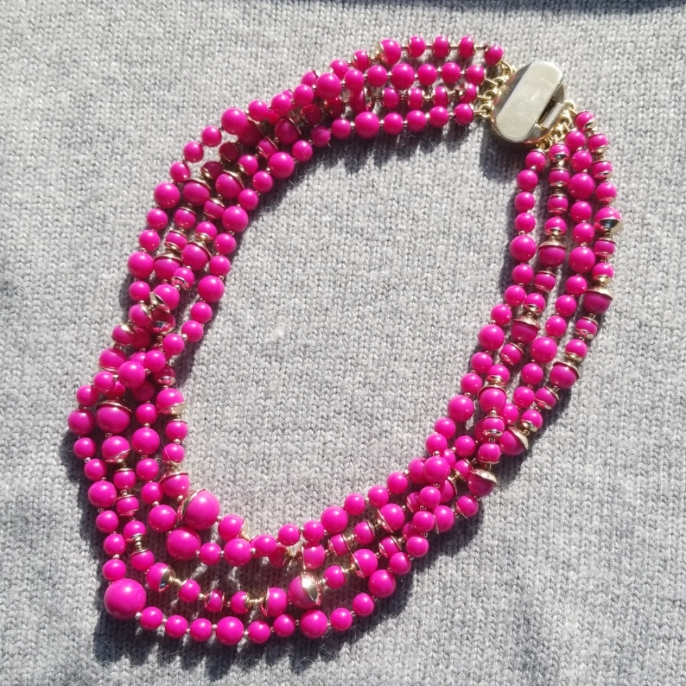 Fuscia & gold multi strand round bead necklace